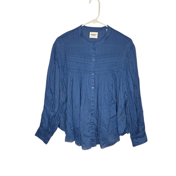 Isabel Marant Etoile Pin Tucked Indigo Blue Cotton Peassnt Blouse size 36 Small - Picture 2 of 6